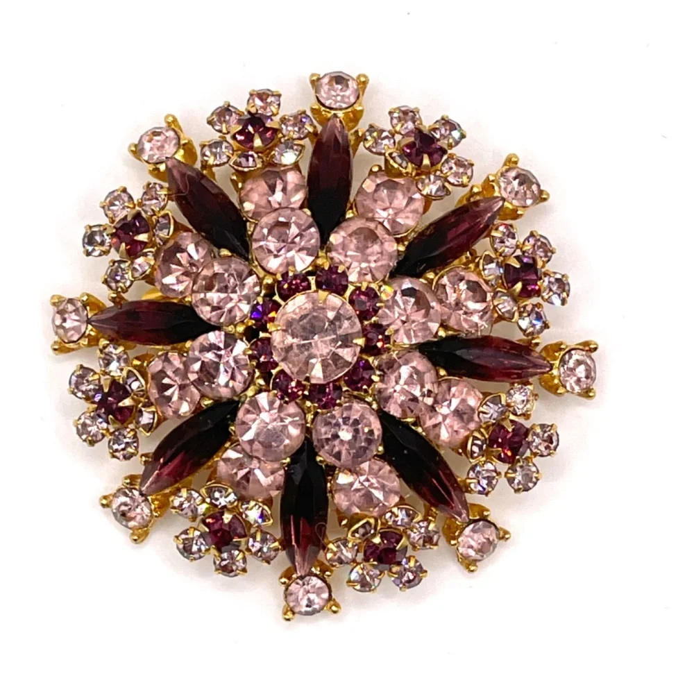 Vintage Pale Pink Deep Purple Rhinestone Sunburst Pin Brooch